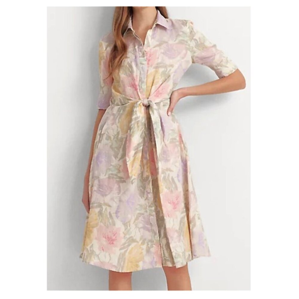 Ralph Lauren Floral Tie Front Linen Shirt Dress Sz 10 $185 Pink Purple G…